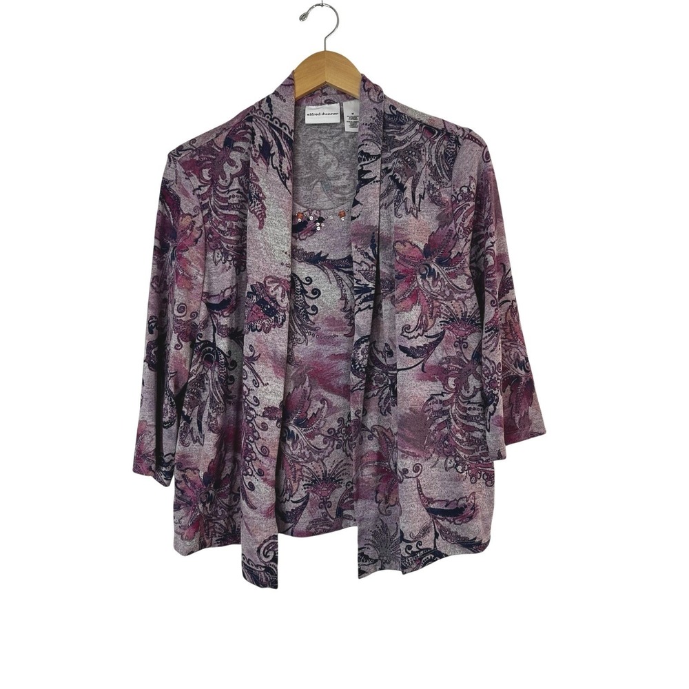 Alfred Dunner‎ Cardigan Built-In Tank Top Womens Medium Embellished Neck Purple